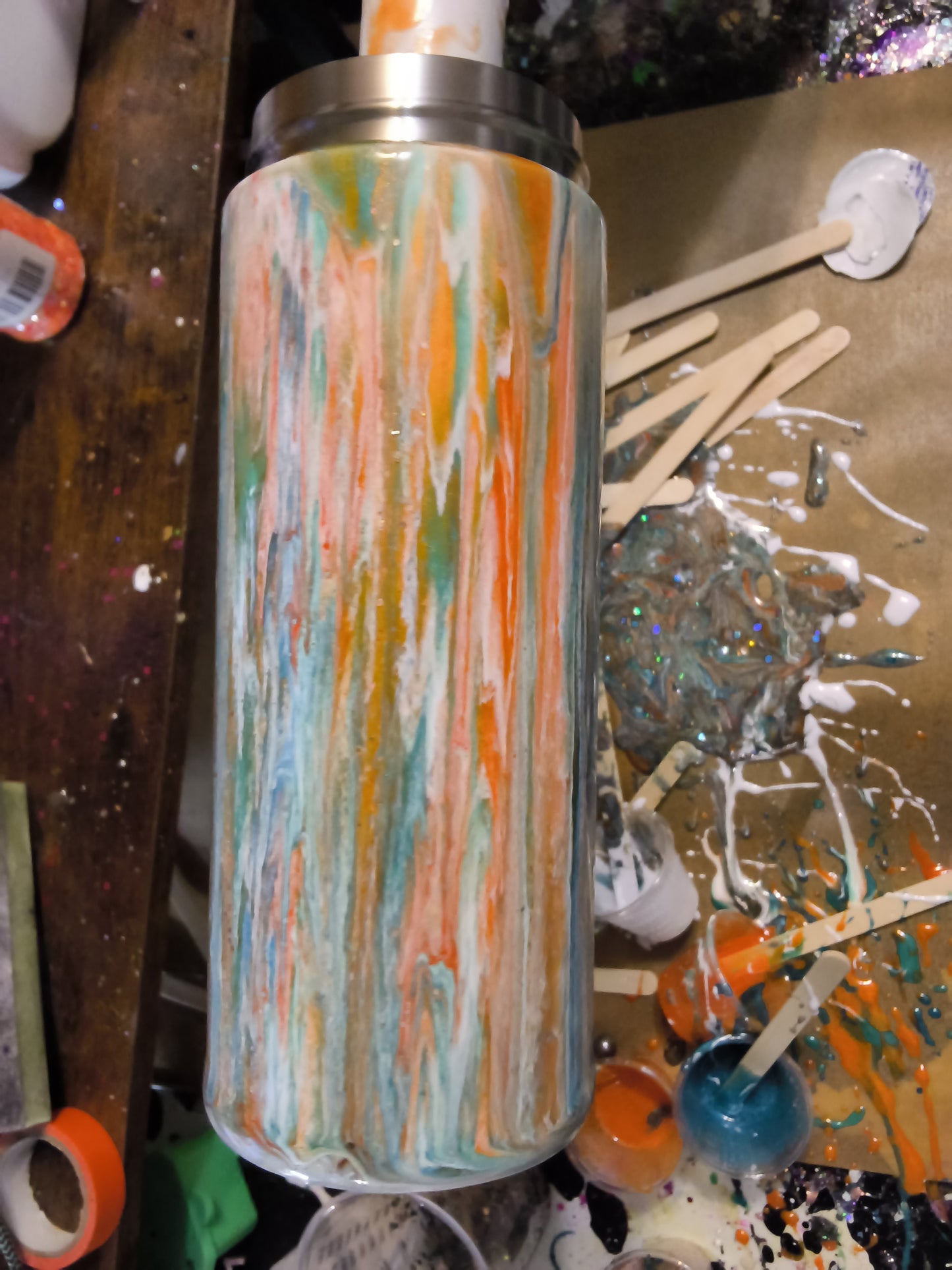 12oz Skinny Can Cooler- Teal & orange Vertical illusion